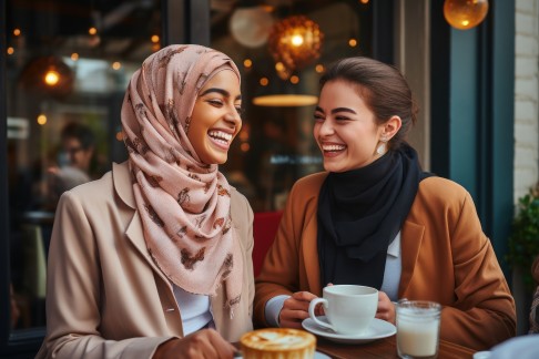 Zwei junge muslimische Frauen sitzend lachend in einem Café.