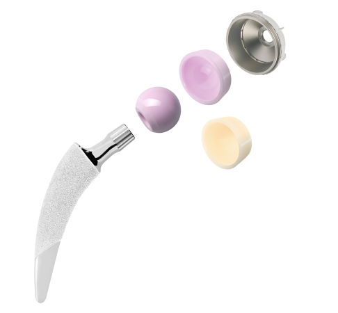 Die Hüftprothese ist aus mehreren Komponenten aufgebaut – hier am Beispiel der Kurzschaftprothese. Der Schaft der Hüftprothese verankert das Kunstgelenk im Innern des Oberschenkels. Der Kopf der Prothese (aus Metall oder mit Keramikbeschichtung) bildet die Gleitfläche der Hüftprothese. Eine Gleitkomponente aus Polyethylen oder Keramik verbindet als Inlay die Hüftpfanne mit dem Oberschenkelknochen. Die Hüftpfanne (Acetabulum) im Beckenknochen wird mit Metall ausgekleidet. © ARTIQO Aufbau einer Hüftprothese