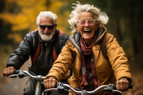 Alte Menschen können nach erfolgreichem Sehnentransfer ihre sportlichen Aktivitäten oft wieder aufnehmen. Radfahren ist dabei besonders günstig. © Valeriia, Adobe Aktive Senioren beim Radfahren
