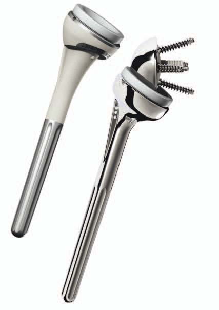 Die inverse Schulterprothese verfügt über einen kugelförmigen Gelenkpartner an der Gelenkpfanne (Glenoid) des Schulterblatts und über eine künstliche Gelenkpfanne am Oberarmkopf (Humeruskopf). © Depuy-Synthes Aufbau der inversen Schulterprothese