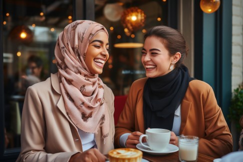 Menschen mit dunkler Haut benötigen mehr Sonne, um ausreichend Vitamin D zu bilden. Kulturelle Traditionen wie verhüllende Kleidung oder der seltene Aufenthalt im Freien können ebenfalls dazu beitragen, dass sich ein Vitamin-D-Mangel entwickelt. ©Tisha, Adobe Zwei junge muslimische Frauen sitzend lachend in einem Café.